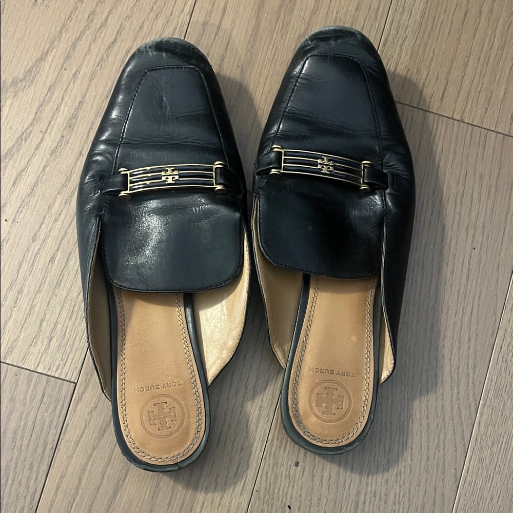 Tory Burch Black Leather Mule Loafers with Gold Accent
